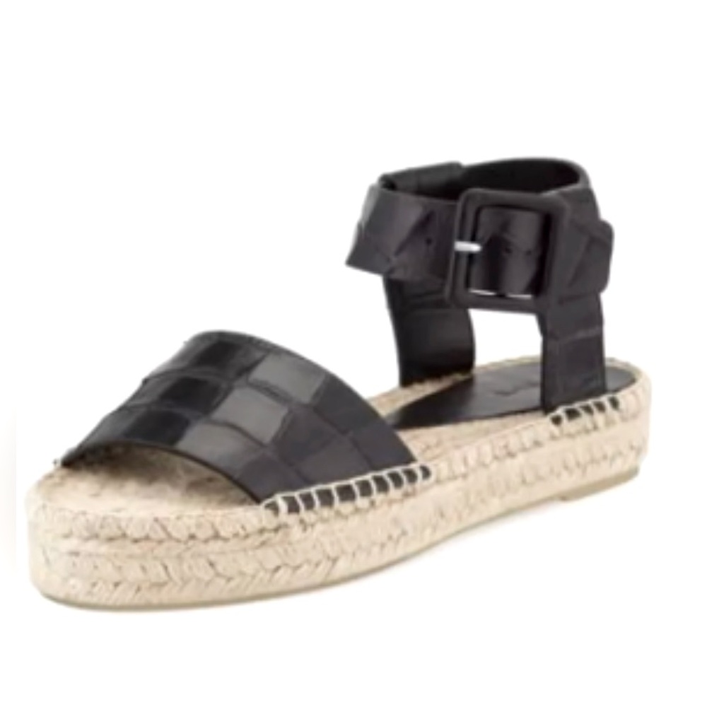 VINCE EDINA BLACK CROC EMBOSSED LEATHER PLATFORM ESPADRILLE SANDAL ELISE 7 NEW